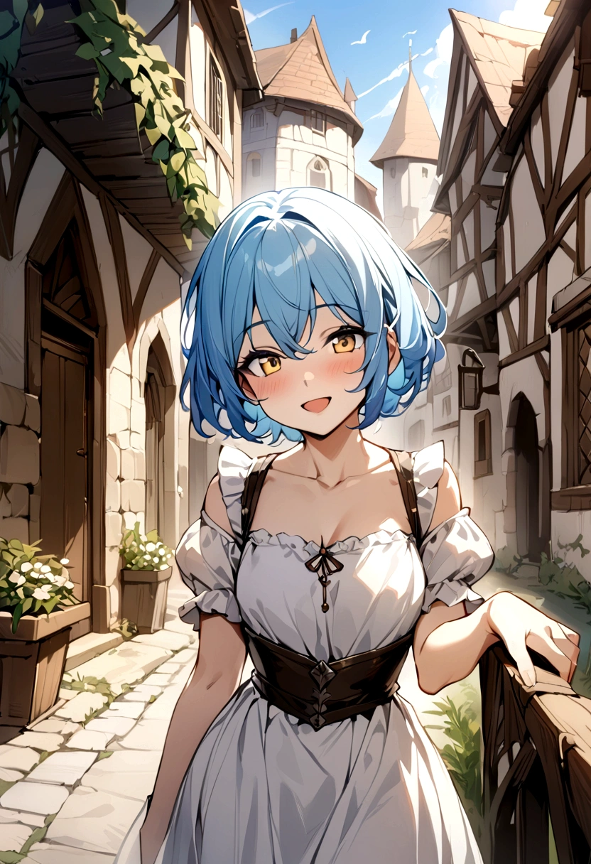 (Medieval Europe:1.2),(best quality,high resolution,masterpiece:1.2),(Stills),(Sunny atmosphere:1.3),Front view,(1 beautiful woman),(An 18-year-old female),(Depth of Field),(Outdoor during the day,:1.2),Blue Hair,Yellow eyes,short hair,Open mouth smile,White skirt,Happy expression