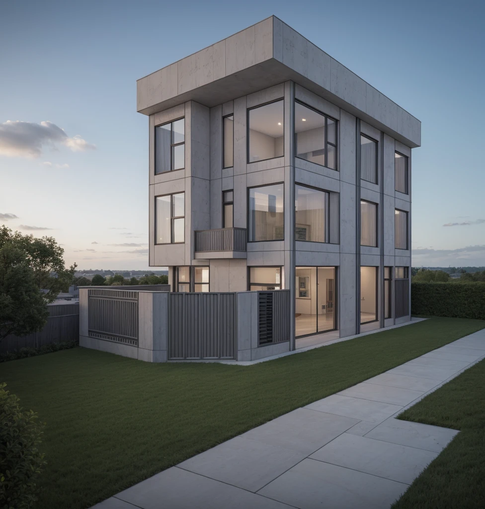 RAW photo, a photo of a modern villa with a car parked in front of it, ((1/2 dark grey wood facade)), architectural shot, gate, road, viet nam modern residence, rough white wall, new residential area, wide angle exterior 2022, contemporary house, exterior photography, masterpiece, contemporary architecture, overcast, indirect lighting