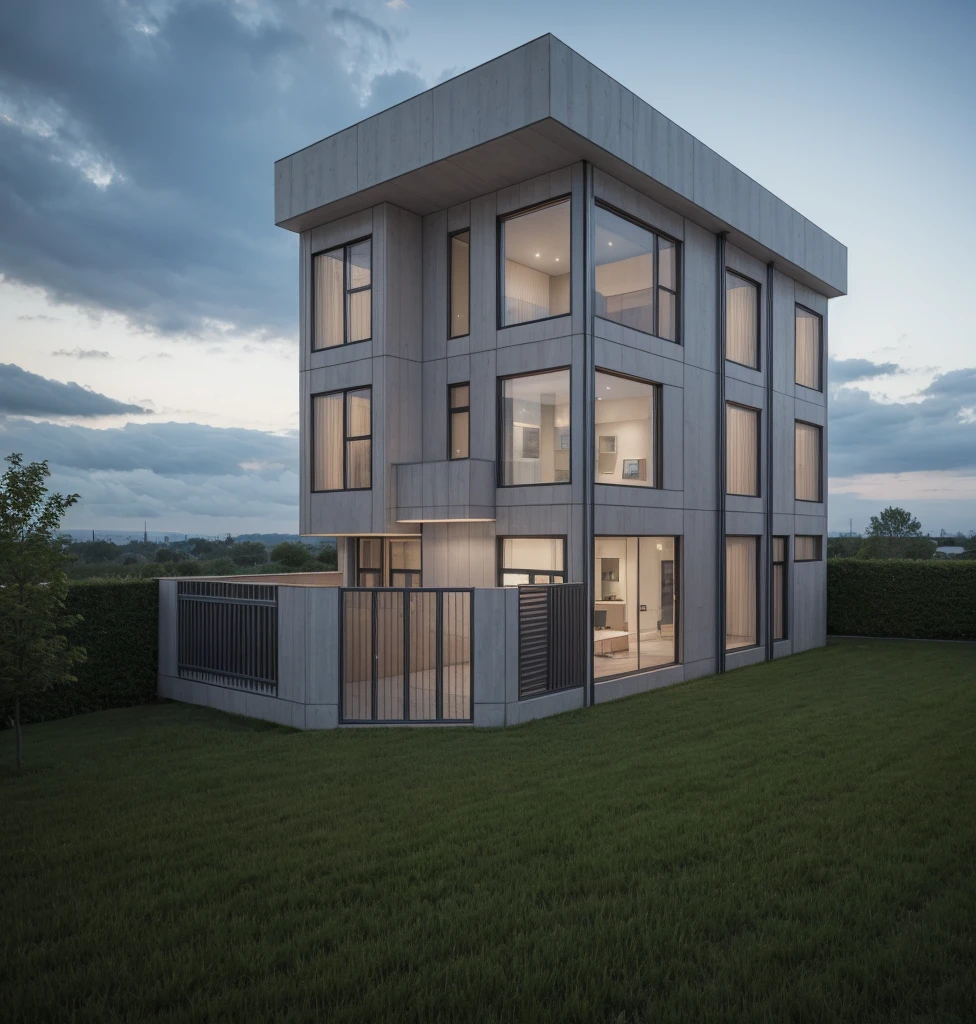 RAW photo, a photo of a modern villa with a car parked in front of it, ((1/2 dark grey wood facade)), architectural shot, gate, road, viet nam modern residence, rough white wall, new residential area, wide angle exterior 2022, contemporary house, exterior photography, masterpiece, contemporary architecture, overcast, indirect lighting