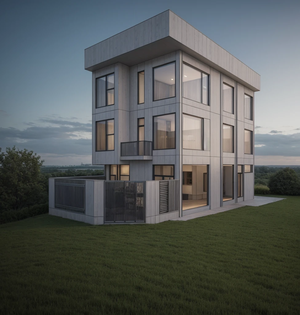 RAW photo, a photo of a modern villa with a car parked in front of it, ((1/2 dark grey wood facade)), architectural shot, gate, road, viet nam modern residence, rough white wall, new residential area, wide angle exterior 2022, contemporary house, exterior photography, masterpiece, contemporary architecture, overcast, indirect lighting
