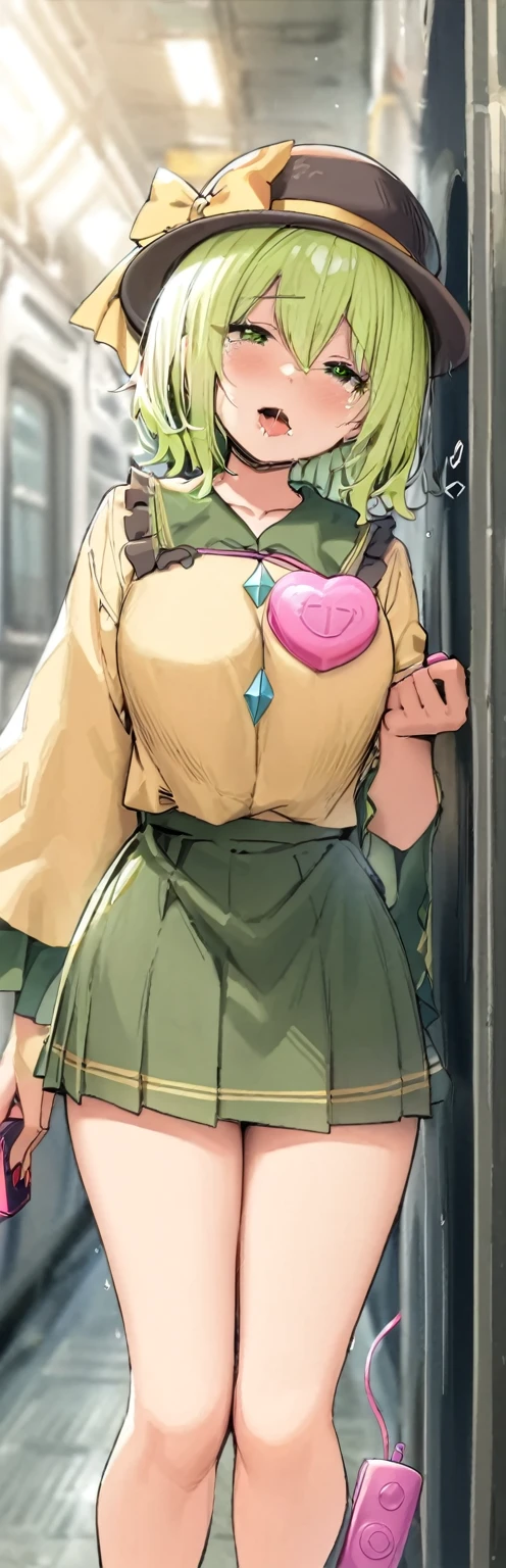 (throw_hand, pink vibrator remote switch in throw_hand, throw:1.2), Highest quality, Super detailed, masterpiece, Ultra-high resolution, 8K, Ridiculous, Cowboy Shooting, Blurred, One girl, Embarrassing, blush, Lovely, , With tears in her eyes and her mouth open, What saliva leaves behind, Wet skirt hem, Not wearing pants, Bulging of the vibrator cord, Vibrator with Garters, Subway car interior background,,Squirting、,Black Hair、Ahegao,Peeing,komeiji_koishi, 1girl, third_eye, yellow_shirt, black_hat, green_hair, frilled_sleeves, highres, frilled_shirt_collar, wide_sleeves, hat_bow, green_eyes, green_skirt, heart_of_string, yellow_bow, hat_ribbon, diamond_button, yellow_ribbon,