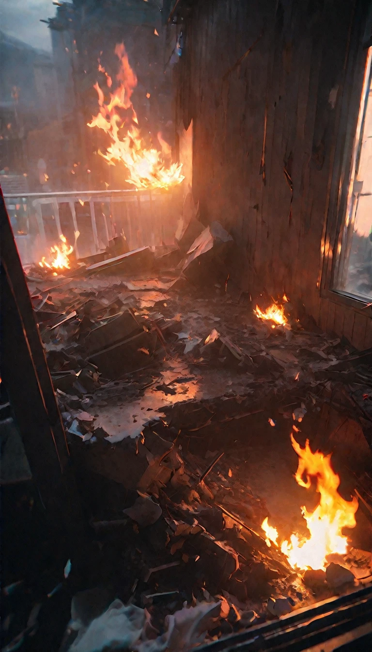 (8K, RAW photos, best quality, masterpiece: 1.4), (((disaster)))，Ultra-high resolution, Extremely detailed, light, Close-up of the flame, Spooky ghost, explode, (可怕的explode, Bright flame:1.2), Destructive,Blazing, High-quality shadows, Natural Lighting, (White highlights:1.2), night, cloudy day, (at home:1.2), (Fragmented space:1.2)