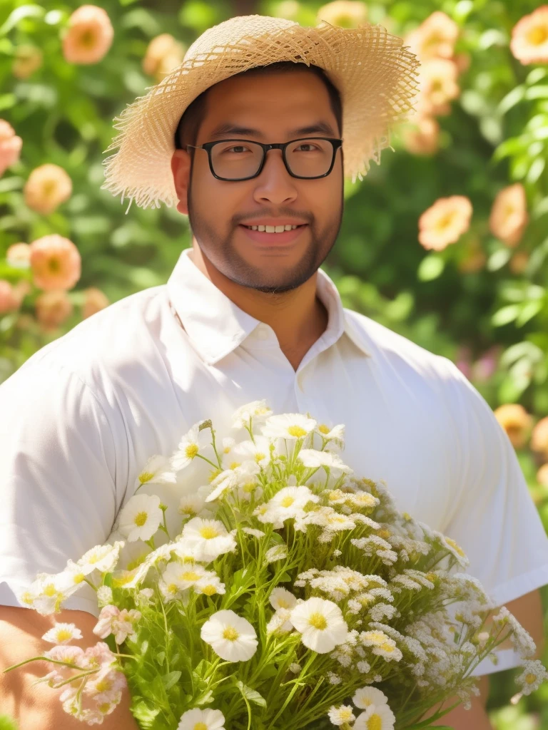 crew cut, (((full body))), mature man, [slightly fat], asian man, brown eyes, rounded face, glasses, slightly balding, (big shoulders), (((stubbles, Short beard))), (((full beard))), (Beautiful eyes:1.3), (Detailed face:1.3), hold a flower bouquet, in a flower garden, white shirt and straw hat, smile, happy,