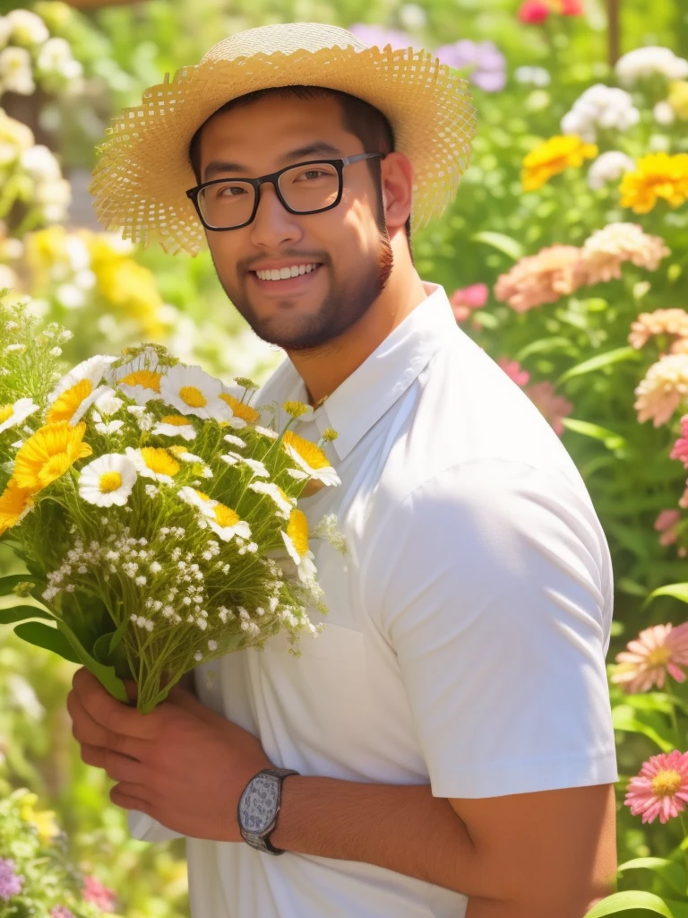crew cut, (((full body))), mature man, [slightly fat], asian man, brown eyes, rounded face, glasses, slightly balding, (big shoulders), (((stubbles, Short beard))), (((full beard))), (Beautiful eyes:1.3), (Detailed face:1.3), hold a flower bouquet, in a flower garden, white shirt and straw hat, smile, happy,