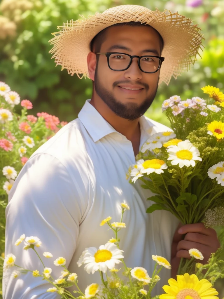 crew cut, (((full body))), mature man, [slightly fat], asian man, brown eyes, rounded face, glasses, slightly balding, (big shoulders), (((stubbles, Short beard))), (((full beard))), (Beautiful eyes:1.3), (Detailed face:1.3), hold a flower bouquet, in a flower garden, white shirt and straw hat, smile, happy,