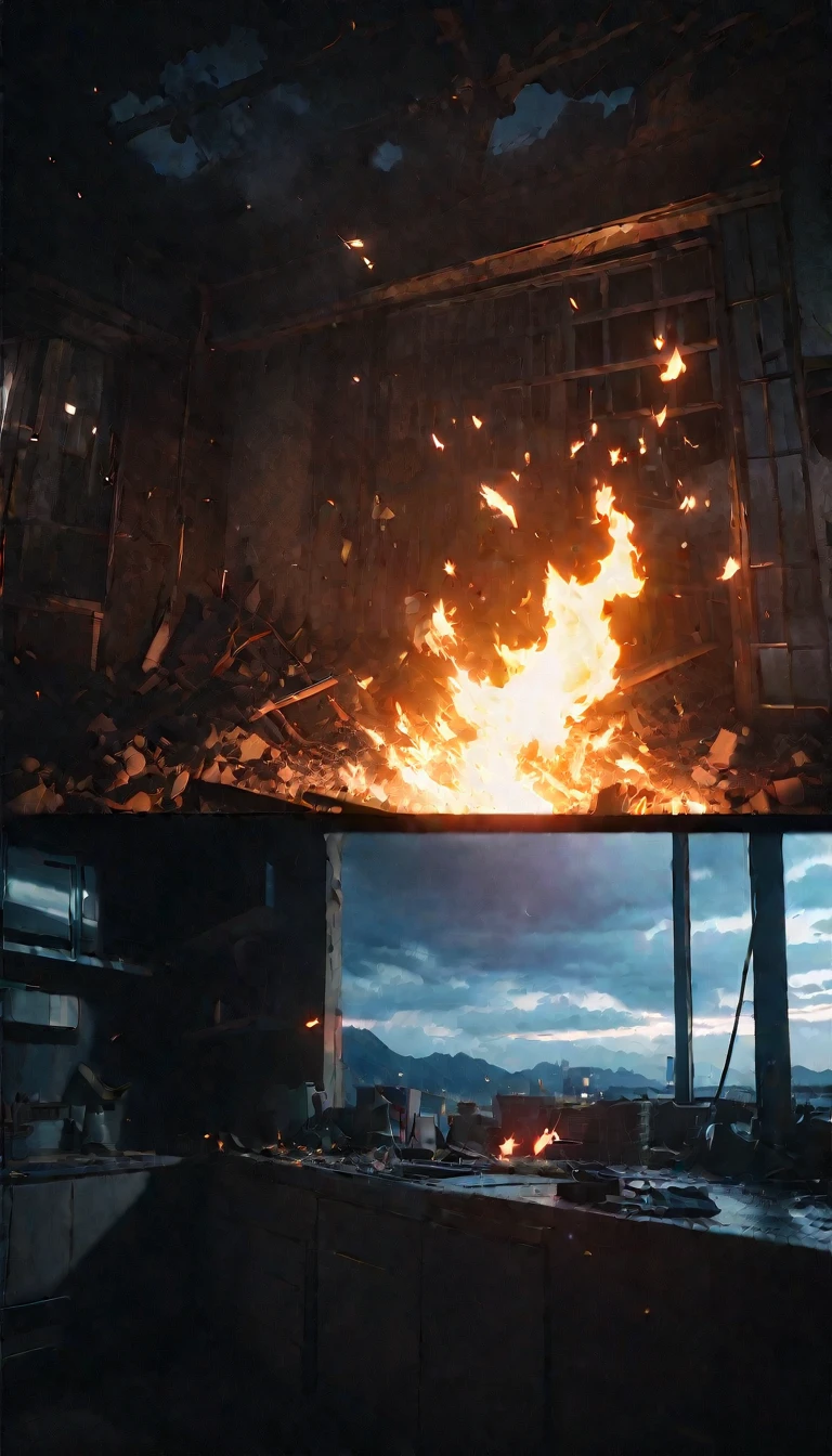 (8K, RAW photos, best quality, masterpiece: 1.4), (((disaster)))，Ultra-high resolution, Extremely detailed, light, Close-up of the flame, Spooky ghost, explode, (可怕的explode, Bright flame:1.2), Destructive,Blazing, High-quality shadows, Natural Lighting, (White highlights:1.2), night, cloudy day, (at home:1.2), (Fragmented space:1.2)