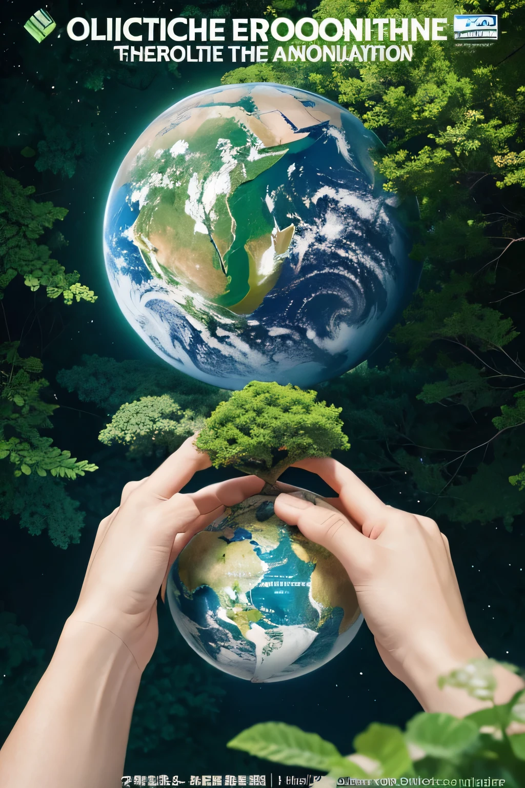 Poster with the theme of &quot;Protecting the Ecological Environment&quot;: Building a beautiful environment logo creative：There are hands holding up the earth，Green world with earth image, Symbolizes care for nature and ecology.
