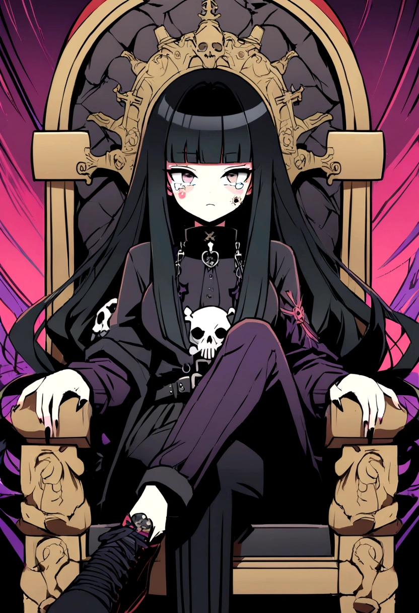 Black Hair、Black Feather、Gothic Punk、Sit on a chair, Crossing your legs、Throne、tears,anime zombie witch design, Crossbones, skull, Streetwear Design, Provector, Horror Style, Full Design, Only 6 colors, Solid Colors, No Shadow, Full Design, Stickers, Bright colors, White Background.Ultra-fine illustrations,(((Beautiful fine hair))),(((Beautiful Faces))),(((Beautiful background))),(((Beautiful fine hair))),(((Beautiful Faces))),(((Beautiful background)))、Black Hair、Blunt bangs