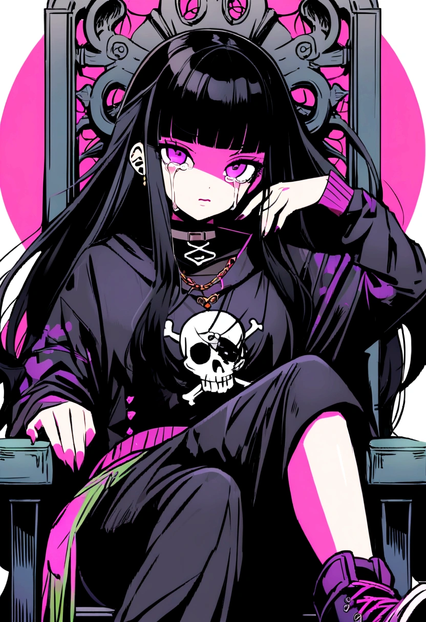 Black Hair、Black Feather、Gothic Punk、Sit on a chair, Crossing your legs、Throne、tears,anime zombie witch design, Crossbones, skull, Streetwear Design, Provector, Horror Style, Full Design, Only 6 colors, Solid Colors, No Shadow, Full Design, Stickers, Bright colors, White Background.Ultra-fine illustrations,(((Beautiful fine hair))),(((Beautiful Faces))),(((Beautiful background))),(((Beautiful fine hair))),(((Beautiful Faces))),(((Beautiful background)))、Black Hair、Blunt bangs