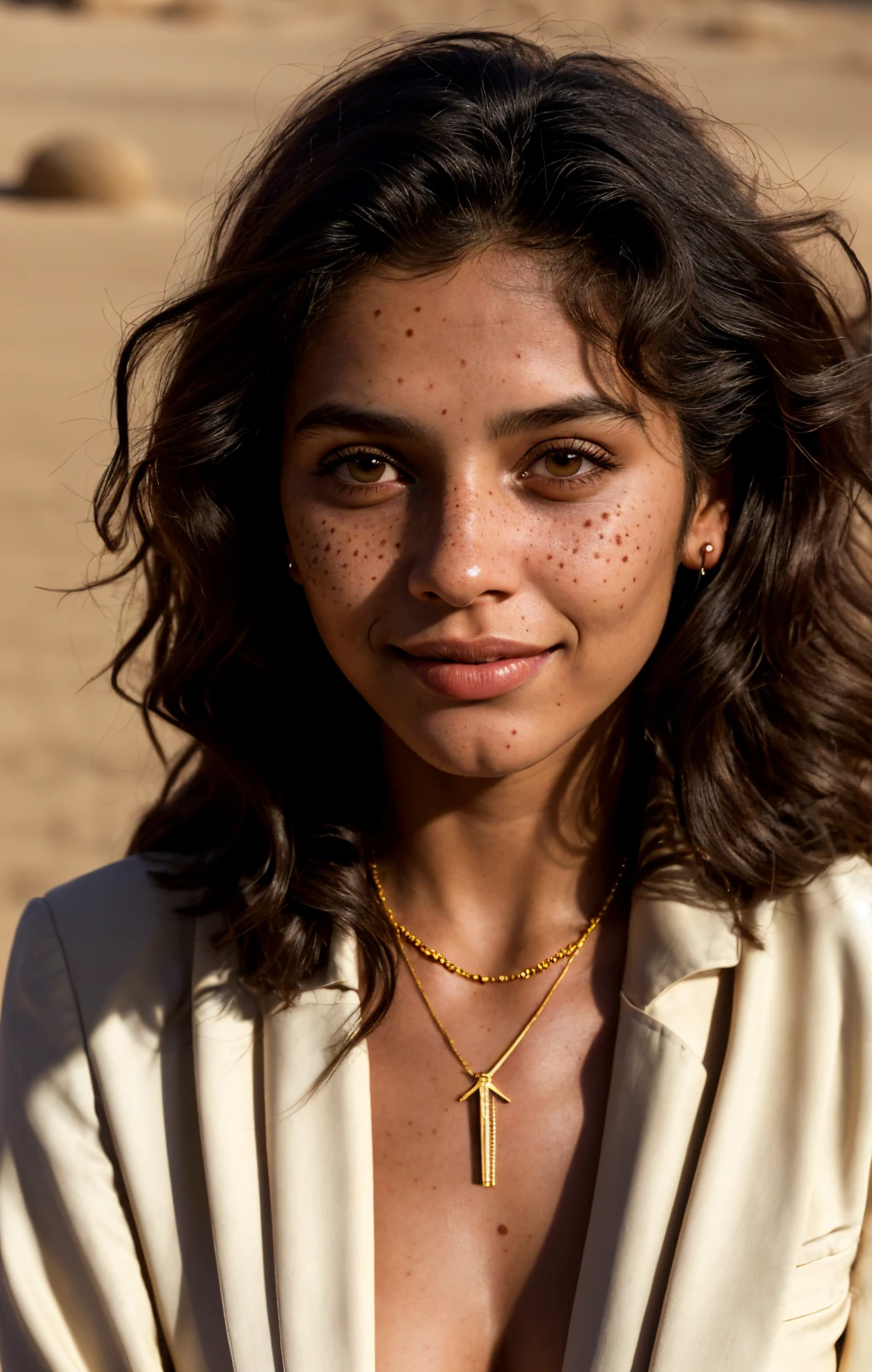 (Close-up, editorial photograph of a 20 year old woman), (highly detailed face:1.4) (smile:0.7) (background inside dark, moody, private study:1.3) POV, by lee jeffries, nikon d850, film stock photograph ,4 kodak portra 400 ,camera f1.6 lens ,rich colors, hyper realistic ,lifelike texture, dramatic lighting , cinestill 800, wavy hair, messy hair, Mischievous smirk, Black hair, freckles, Brown Eyes, jewels, necklace, White Suit (Amahl Farouk style), Astral Plane, Black Round Sunglasses, Sun, Sand, Desert, Arabian expressions, Egyptian woman, Arabian skin, Golden Aura, shadow queen