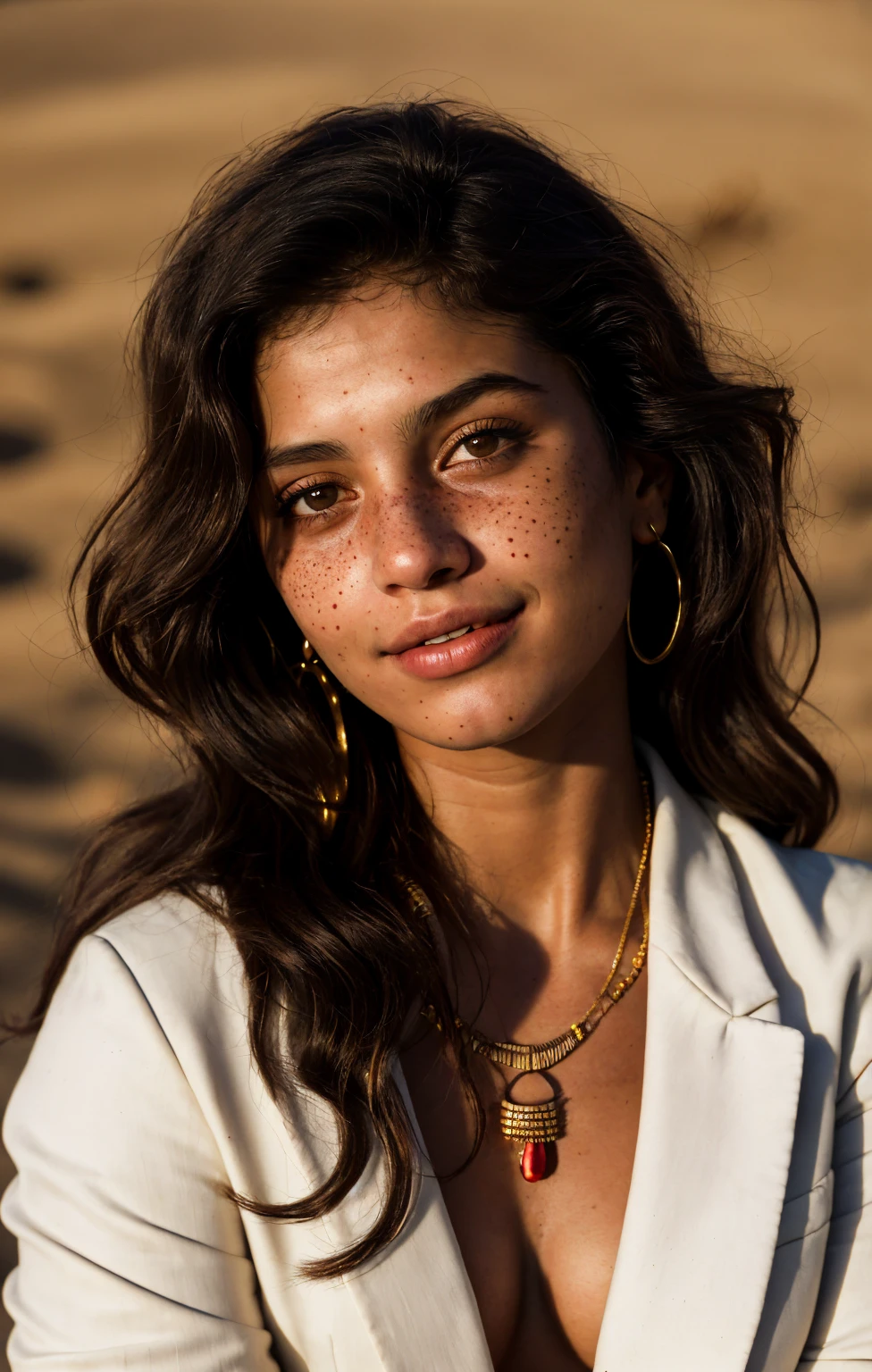 (Close-up, editorial photograph of a 20 year old woman), (highly detailed face:1.4) (smile:0.7) (background inside dark, moody, private study:1.3) POV, by lee jeffries, nikon d850, film stock photograph ,4 kodak portra 400 ,camera f1.6 lens ,rich colors, hyper realistic ,lifelike texture, dramatic lighting , cinestill 800, wavy hair, messy hair, Mischievous smirk, Black hair, freckles, Brown Eyes, jewels, necklace, White Suit (Amahl Farouk style), Astral Plane, Black Round Sunglasses, Sun, Sand, Desert, Arabian expressions, Egyptian woman, Arabian skin, Golden Aura, shadow queen