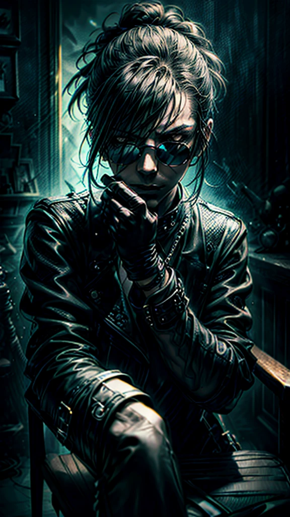 a stylish korean man with long hair tied in bun, wearing black round sunglasses, black leather gloves, dark clothing, sitting on a chair in a dark environment, dynamic point of view, best quality, ultra-detailed, photorealistic, vivid colors, dramatic lighting, chiaroscuro, dark and moody atmosphere, masculine, charismatic, punk style