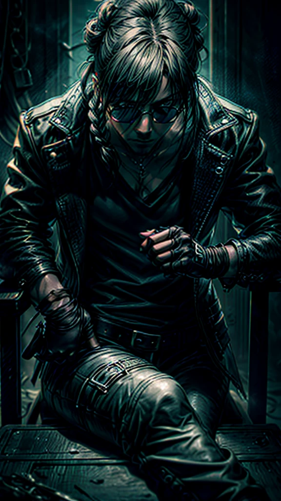 a stylish korean man with long hair tied in bun, wearing black round sunglasses, black leather gloves, dark clothing, sitting on a chair in a dark environment, dynamic point of view, best quality, ultra-detailed, photorealistic, vivid colors, dramatic lighting, chiaroscuro, dark and moody atmosphere, masculine, charismatic, punk style