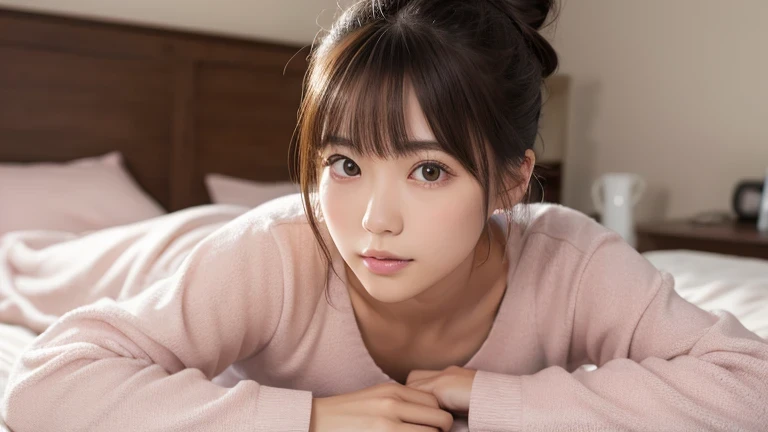 Produce the highest quality and highest resolution 8K images。Please draw the whole body of a 20 year old Japanese woman.。Please draw an image of you relaxing in your pajamas in your room.。She has brown eyes and a model figure.、She has an idol-level cute face.。Her hair is in a bun.。Skin has a healthy color。