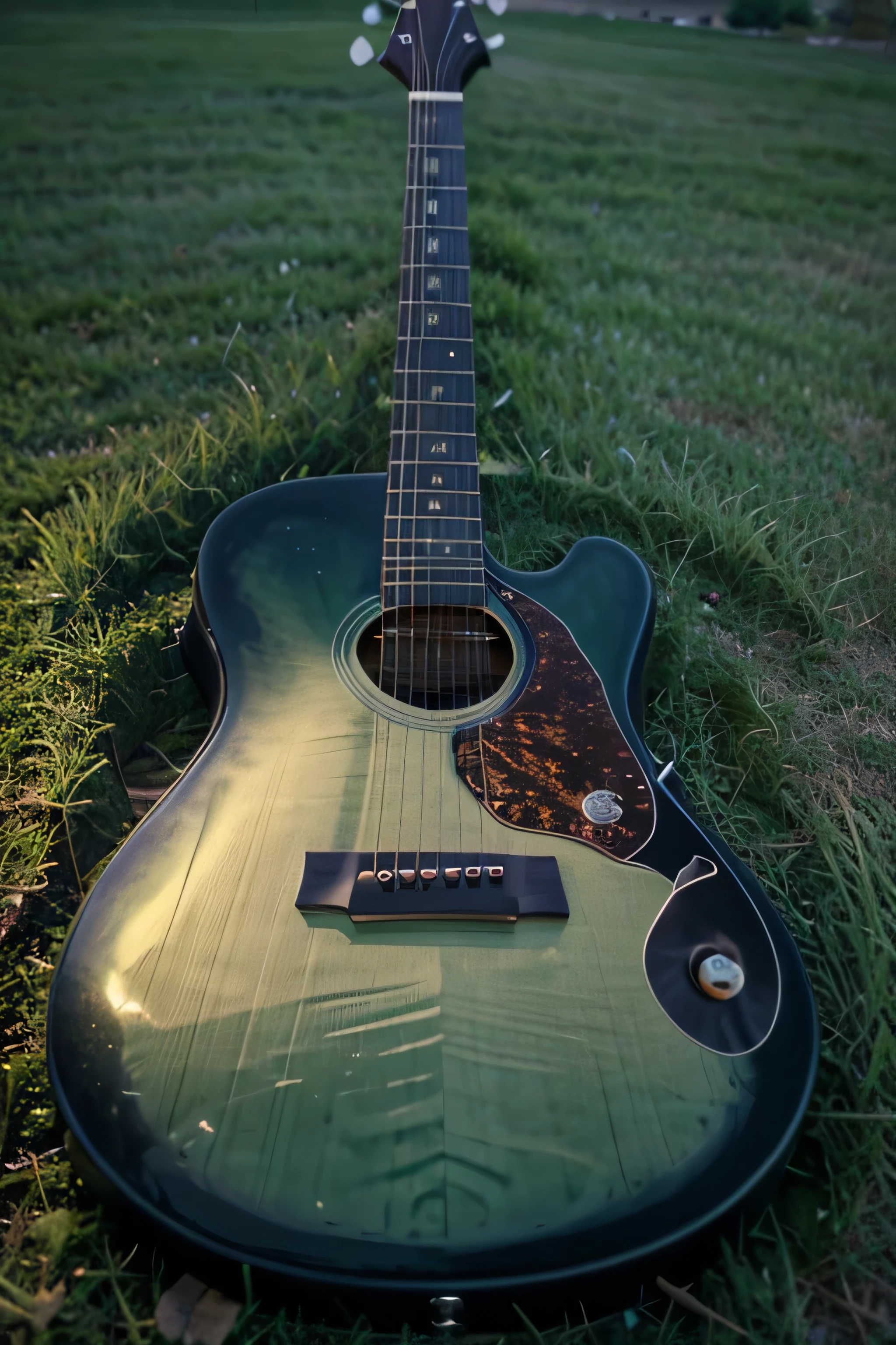 A picture of a guitar placed on green grass with a twilight sky behind it.