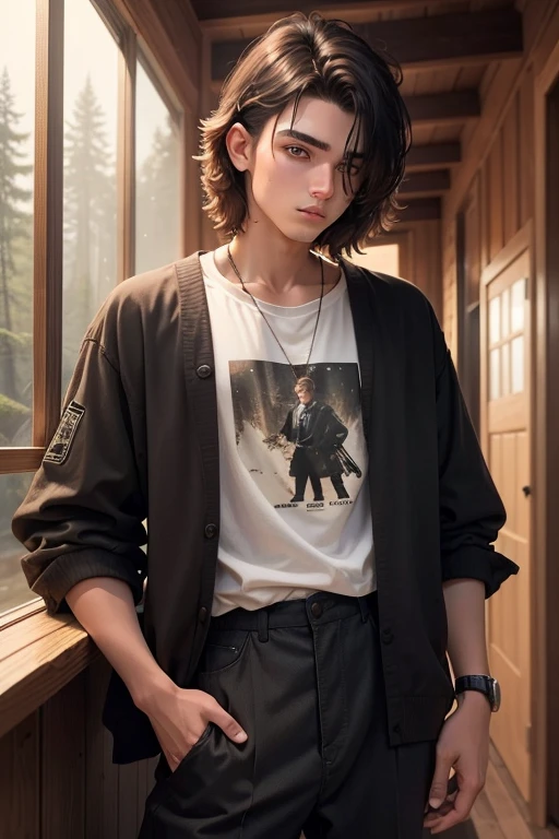 19 years old boy. With short brown hair. He's got a mullet. He looks serious. His clothes are brown black and white. He's got a wild side. He lives in a wooden house in the forest.