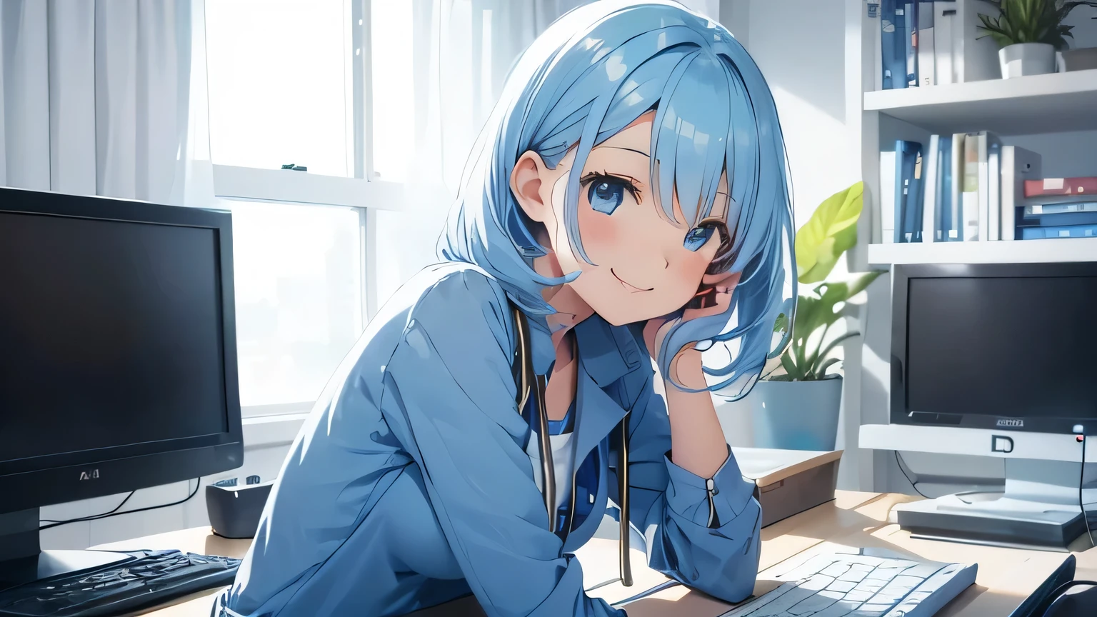 Programming on a computer, cheerful, smiling, cute girl, 1 person, sitting, semi-long light blue hair, bright computer room, illustration, no cut-out