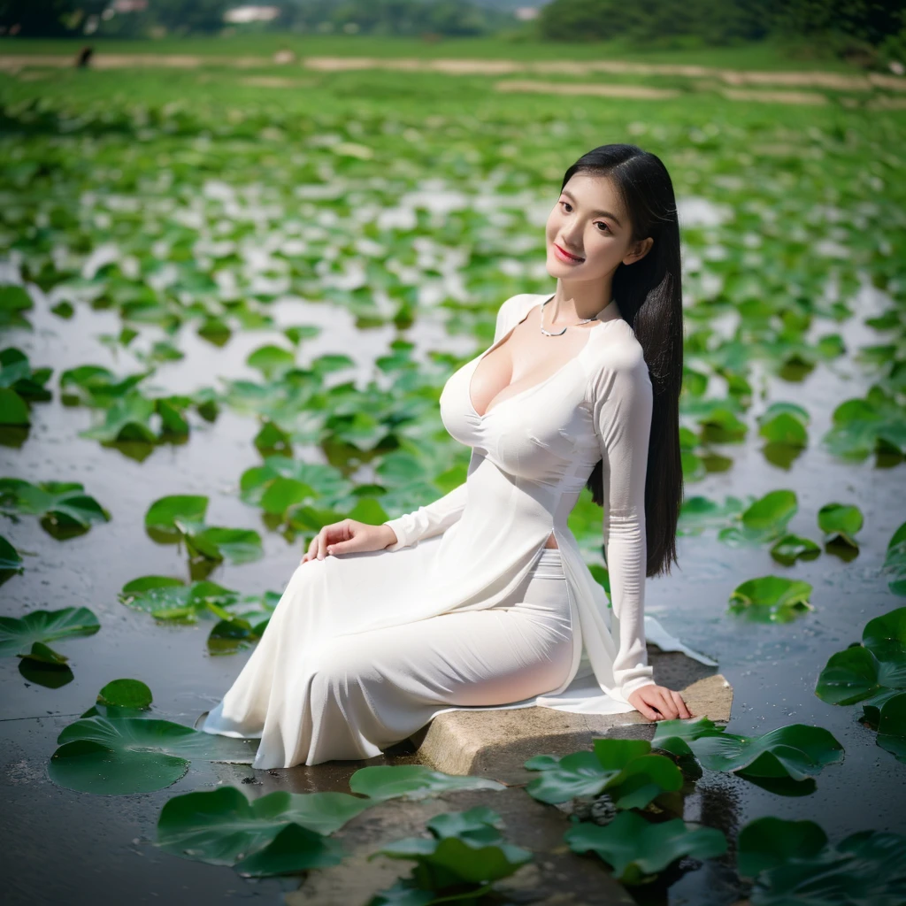 big breasts, round breasts, wearing bra inside ao dai, slim figure, beautiful figure, big breasts, ponytail, sharp 8k quality photo, ((beautiful, sharp, balanced face details) for )), ((beautiful breasts, exposed cleavage, plump body), ((beautiful sparkling eyes, sharp eye details, beautiful face)), sitting in the middle of rice fields, ((super beautiful body with high details , tight body, wide chest, slim waist)), ((thin cleavage, round breasts))