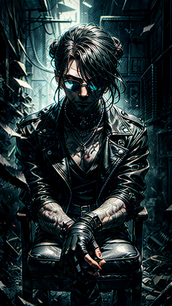 a stylish korean man with long hair tied in bun, wearing black round sunglasses, black leather gloves, dark clothing, sitting on a chair in a dark environment, dynamic point of view, best quality, ultra-detailed, photorealistic, vivid colors, dramatic lighting, chiaroscuro, dark and moody atmosphere, masculine, charismatic, punk style