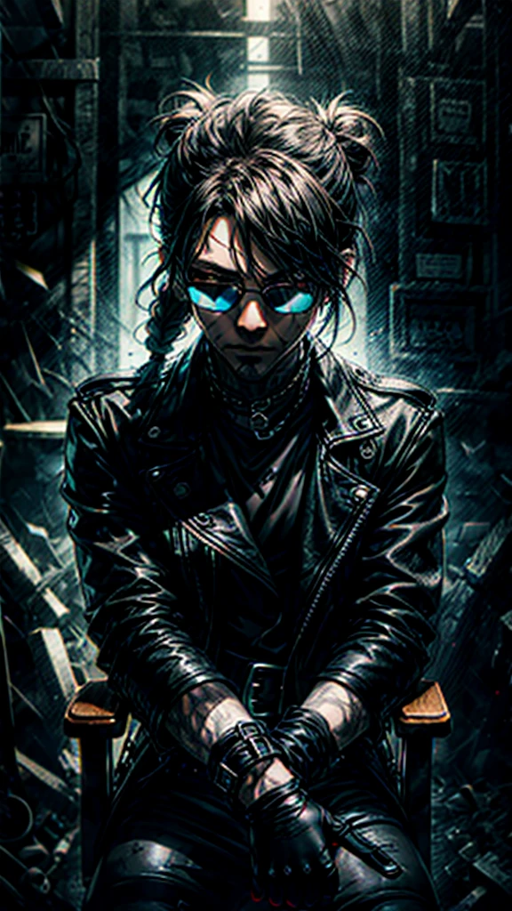 a stylish korean man with long hair tied in bun, wearing black round sunglasses, black leather gloves, dark clothing, sitting on a chair in a dark environment, dynamic point of view, best quality, ultra-detailed, photorealistic, vivid colors, dramatic lighting, chiaroscuro, dark and moody atmosphere, masculine, charismatic, punk style