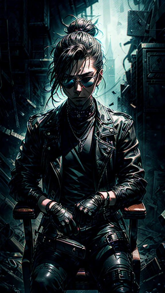 a stylish korean man with long hair tied in bun, wearing black round sunglasses, black leather gloves, dark clothing, sitting on a chair in a dark environment, dynamic point of view, best quality, ultra-detailed, photorealistic, vivid colors, dramatic lighting, chiaroscuro, dark and moody atmosphere, masculine, charismatic, punk style
