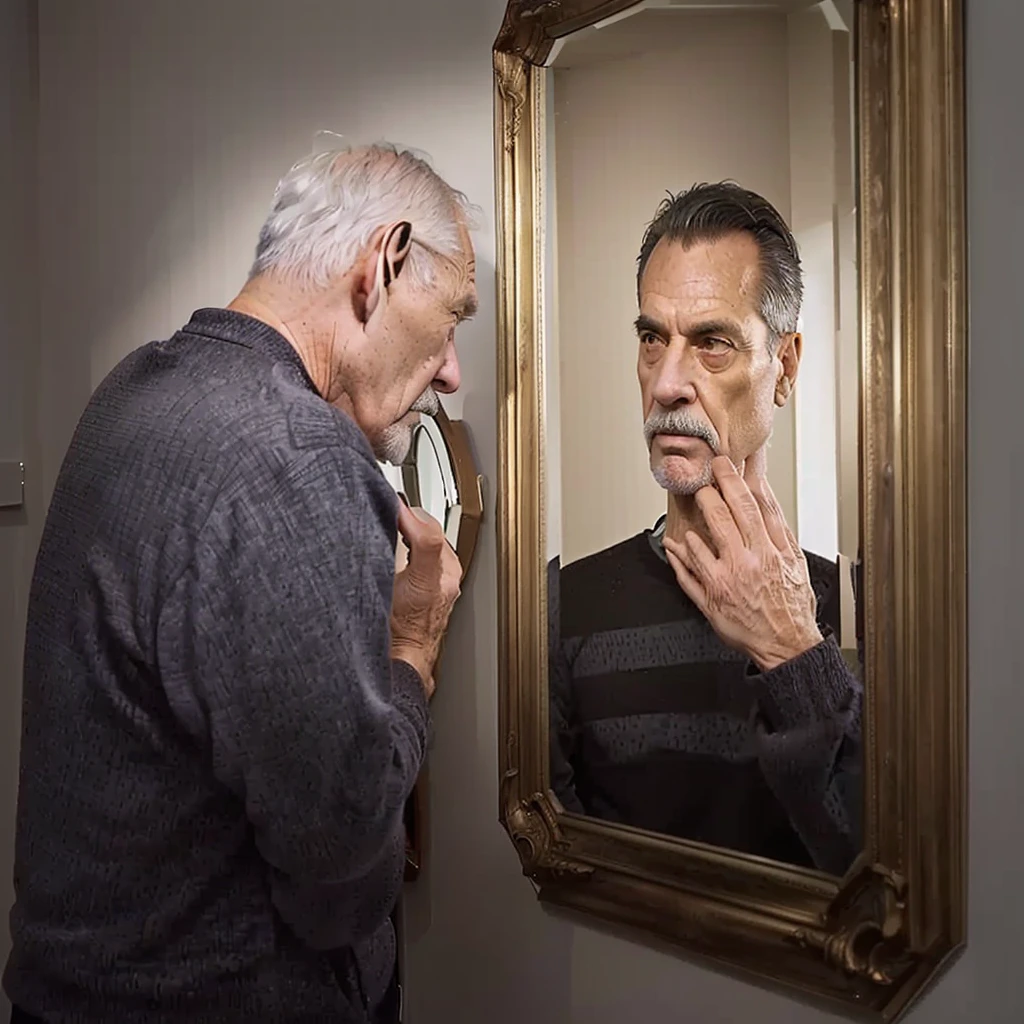 A man looked at himself in the mirror., Look in the mirror. at older self, Look in the mirror., Look in the mirror., looking into the mirror, Look in the mirror., older man, Wrinkles, angry at mirror, 80 year old man, alternative reality mirror, Mirror, Old look, With mirror, Both old and new