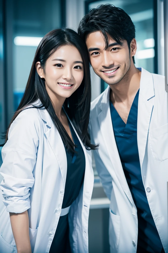 Male dentist and female dental hygienist 2people A good business partner 日本people Handsome Men and Beautiful Women Doctor wearing a white coat Upper body close-up high resolution high resolution Highest quality smile Wear black scrubs