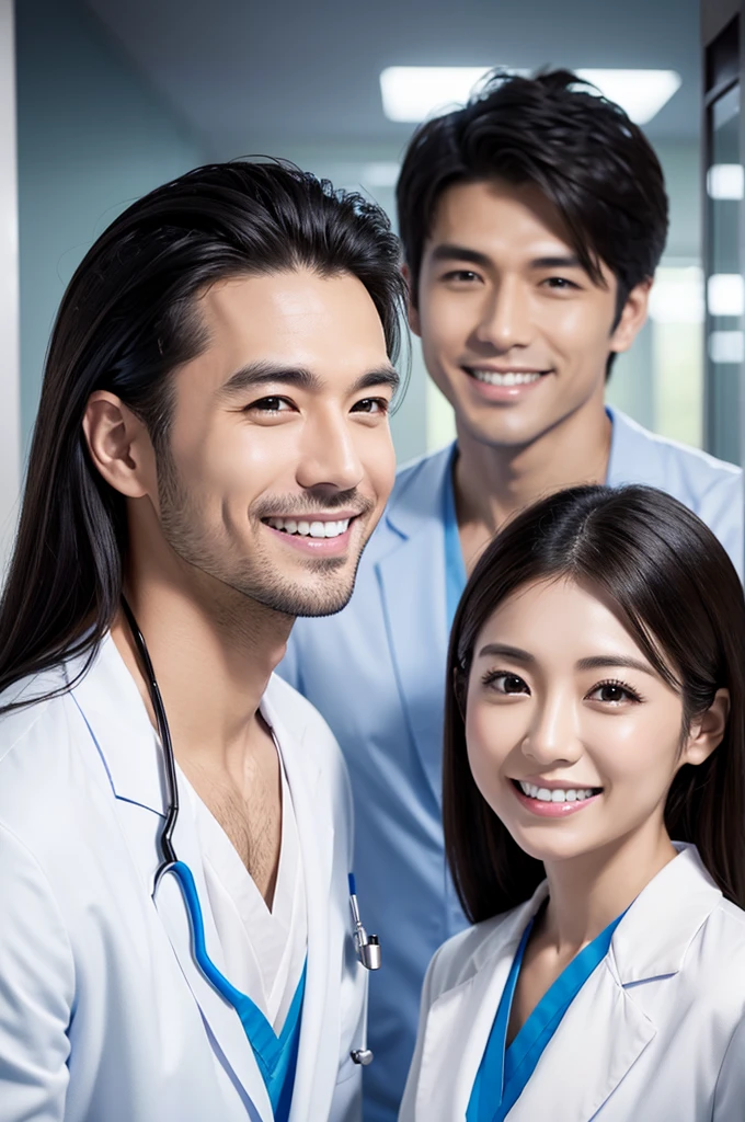 Male dentist and female dental hygienist　２people　A good business partner　日本people　Handsome Men and Beautiful Women　Doctor wearing a white coat　Upper body close-up　high resolution　high resolution　Highest quality　smile　　Wear black scrubs