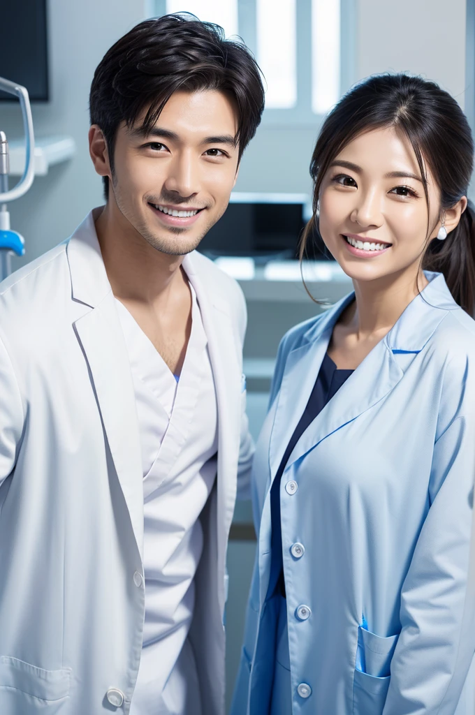 Male dentist and female dental hygienist　２people　A good business partner　日本people　Handsome Men and Beautiful Women　Doctor wearing a white coat　Upper body close-up　high resolution　high resolution　Highest quality　smile　　Wear black scrubs