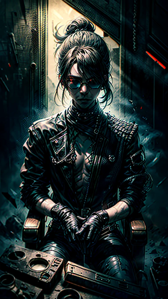 a stylish korean man with long hair tied in bun, wearing black round sunglasses, black leather gloves, dark clothing, sitting on a chair in a dark environment, dynamic point of view, best quality, ultra-detailed, photorealistic, vivid colors, dramatic lighting, chiaroscuro, dark and moody atmosphere, masculine, charismatic, punk style