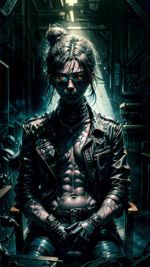 a stylish korean man with long hair tied in bun, wearing black round sunglasses, black leather gloves, dark clothing, sitting on a chair in a dark environment, dynamic point of view, best quality, ultra-detailed, photorealistic, vivid colors, dramatic lighting, chiaroscuro, dark and moody atmosphere, masculine, charismatic, punk style