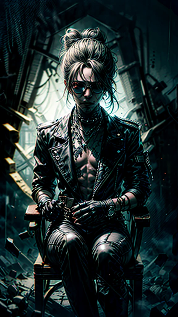 a stylish korean man with long hair tied in bun, wearing black round sunglasses, black leather gloves, dark clothing, sitting on a chair in a dark environment, dynamic point of view, best quality, ultra-detailed, photorealistic, vivid colors, dramatic lighting, chiaroscuro, dark and moody atmosphere, masculine, charismatic, punk style