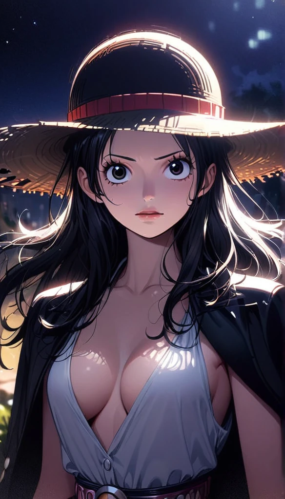 masterpiece, best quality), intricate details, 1 girl, woman, black hair, luffy, ((monkey d luffy)) \ (one piece\), scar on face, (long hair), shirt, white shirt, female focus, clothes, collared shirt, pants, cape, black coat, shirt, scar, sandals, pectorals, black coat on shoulders, nature, scenery, upper body, straw hat, ((front view)) ((close up shot)) ((solo)) (black eyes) ((female monkey d luffy)) luffy from one piece, detailed eyes, night, ((high resolution)) (upper body) (no cleavage)