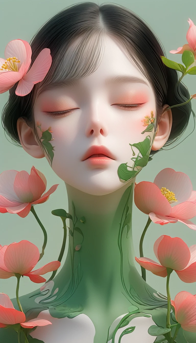 a minimalist 3D vector illustration of a pretty girl with black hair and begonia flowers, symmetry，abstract digital art with a green tint, artistic conception, (best quality,4K,8K,highres,masterpiece:1.2),ultra-detailed,(realistic,photorealistic,photo-realistic:1.37),HDR,uhd,studio lighting,ultra-fine painting,sharp focus,physically-based rendering,extreme detail description,professional,vivid colors,bokeh