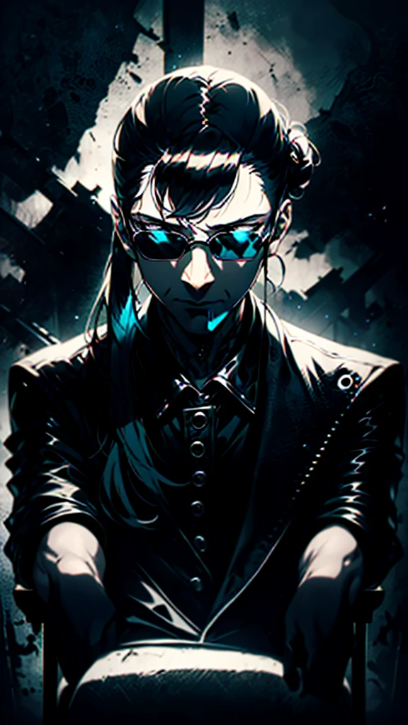 a stylish korean man with long hair tied in bun, wearing black round sunglasses, black leather gloves, dark clothing, sitting on a chair in a dark environment, dynamic point of view, best quality, ultra-detailed, photorealistic, vivid colors, dramatic lighting, chiaroscuro, dark and moody atmosphere, masculine, charismatic, punk style