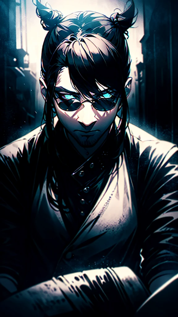 a stylish korean man with long hair tied in bun, wearing black round sunglasses, black leather gloves, dark clothing, sitting on a chair in a dark environment, dynamic point of view, best quality, ultra-detailed, photorealistic, vivid colors, dramatic lighting, chiaroscuro, dark and moody atmosphere, masculine, charismatic, punk style