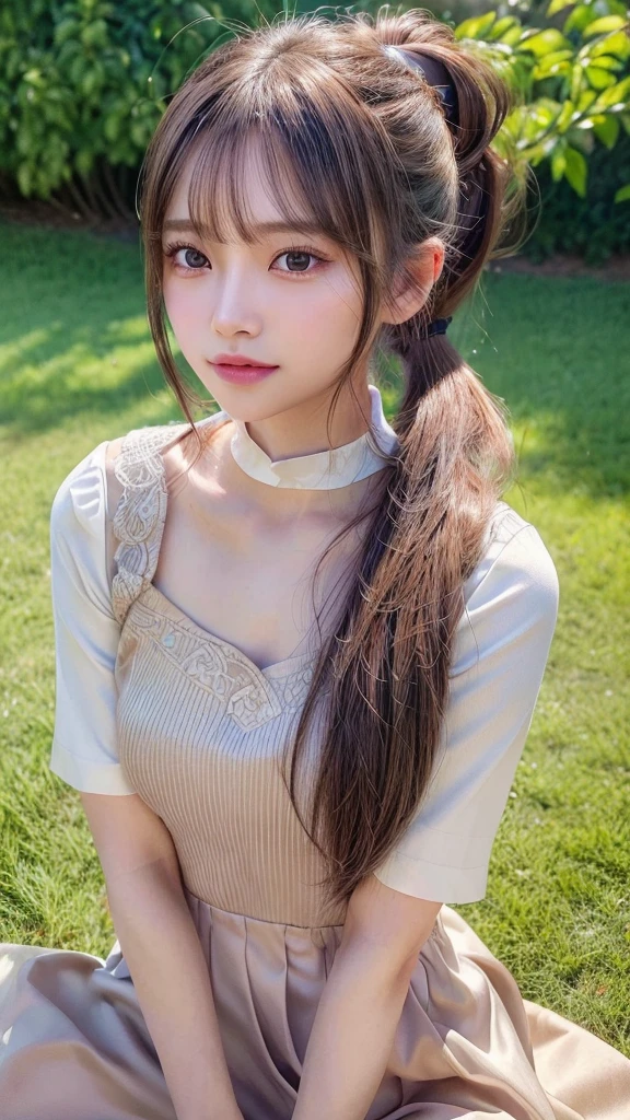 One piece with collar,outdoors,Urban Park,On the lawn,Ultra-detailed, finely detail, hight resolution, 8K Wallpaper, Perfect dynamic composition, Beautiful detailed eyes,Outdoor,Close-up of face,Outdoor,Blushing,Facing forward,,Long hair ponytail,((8k, Raw photo, Best Quality, Mastepiece:1.2), (Realism, Photorealistic:1.4), (Highly detailed 8K wallpapers), Depth of written boundary, Cinematic Lighting, Soft Light, Detailed Beauty Eye,Shiny and smooth light brown ponytail, Asymmetrical bangs, Shiny skin, Ultra-detailed skins ,It is high resolution., High detail, Detailed hairstyle, Detailed facial beauty, Hyper-realistic, Perfect limbs, Perfect Anatomy ,1 Japanese girl,Famous Japanese Idols, Perfect female body,A shy smile,Short eyelashes,Double-edged eyelids,Look straight here,Hair style: ponytail,