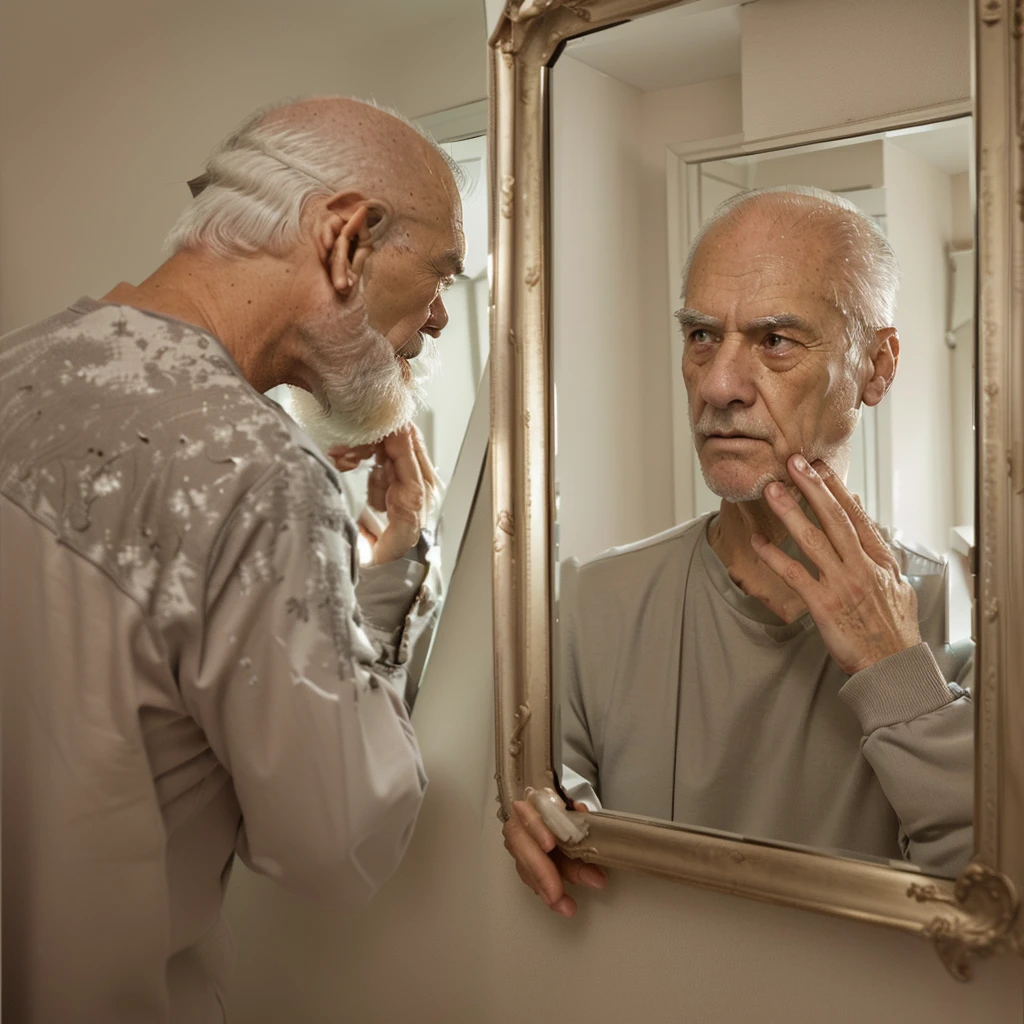 A man looked at himself in the mirror., Look in the mirror. at older self, Look in the mirror., Look in the mirror., looking into the mirror, Look in the mirror., older man, Wrinkles, angry at mirror, 80 year old man, alternative reality mirror, Mirror, Old look, With mirror, Both old and new