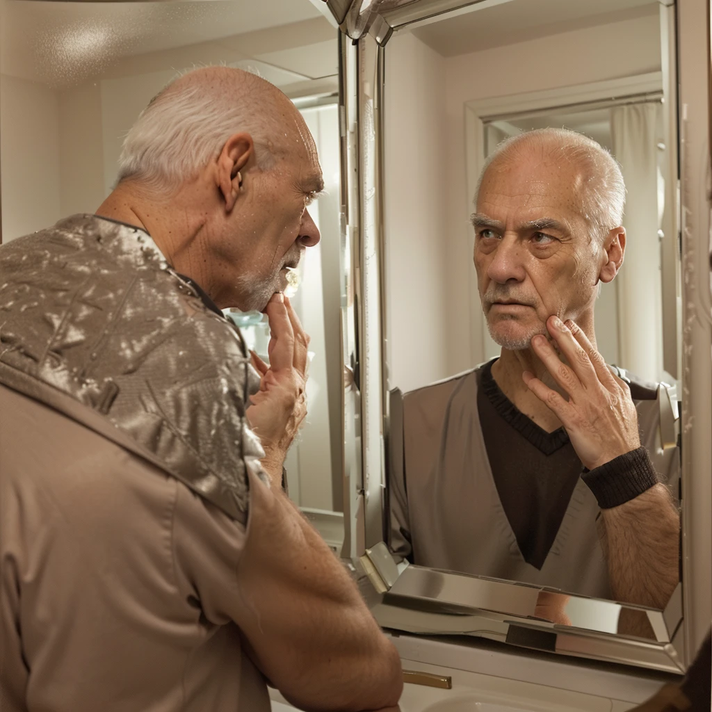 A man looked at himself in the mirror., Look in the mirror. at older self, Look in the mirror., Look in the mirror., looking into the mirror, Look in the mirror., older man, Wrinkles, angry at mirror, 80 year old man, alternative reality mirror, Mirror, Old look, With mirror, Both old and new