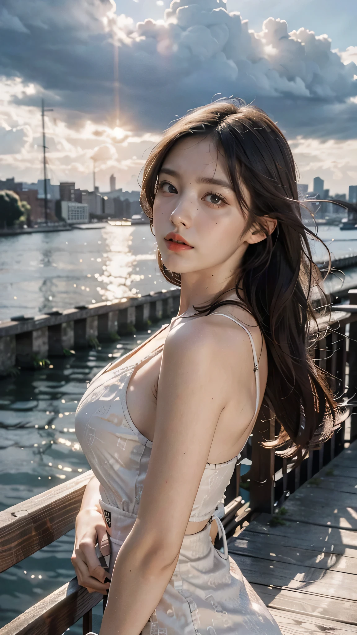 best quality, masterpiece, photo realistic, intricate details, raw photo, photon rendering, octane render, absurdres, ultra detailed, detailed face, detailed skin, trending on artstation,8k masterpiece,cinematic lighting, scenery, scenery, no humans, cityscape, sky, city, cloud, outdoors, building, sunset, city lights, bridge, river, tree, roadn, artist name,
