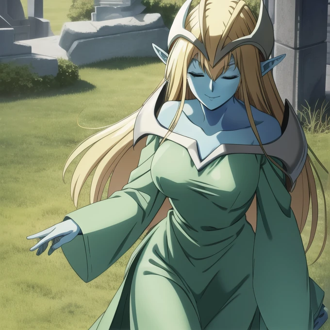 mysticalygo, mystical elf, smile, friendly look, medium breasts, eyes closed, green dress, large long skirt, long sleeve cover with no hands, large long sleeves, blue skin, blonde hair, long hair, Yugioh, city, park ground 