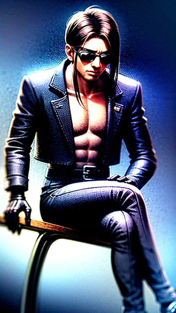 a stylish korean man with long hair tied in bun, wearing black round sunglasses, black leather gloves, dark clothing, sitting on a chair in a dark environment, dynamic point of view, best quality, ultra-detailed, photorealistic, vivid colors, dramatic lighting, chiaroscuro, dark and moody atmosphere, masculine, charismatic, punk style