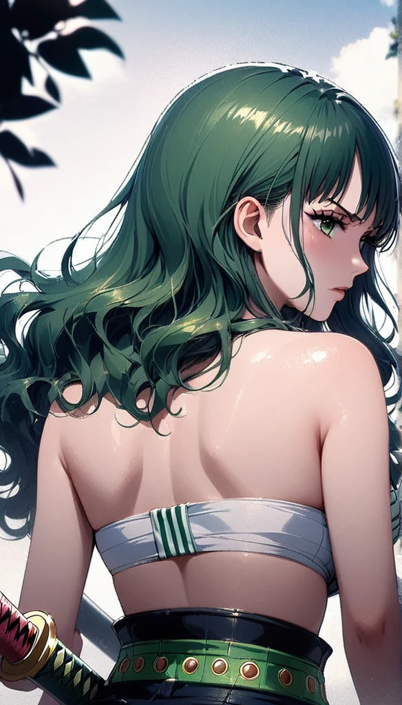 masterpiece, best quality), intricate details, 1 girl, woman, green hair, zoro \ (one piece\), (long hair), shirt, white shirt, female focus, clothes, green colour kimono, sarashi, nature, scenery, upper body, straw hat, ((front view)) ((close up shot)) ((solo)) ((hair over one side of face)) detailed, very high resolution, no blurry image, full body, green eyes, sligh wavy hair, ((zoro from one piece)) ((female zoro from one piece)), holding katana 