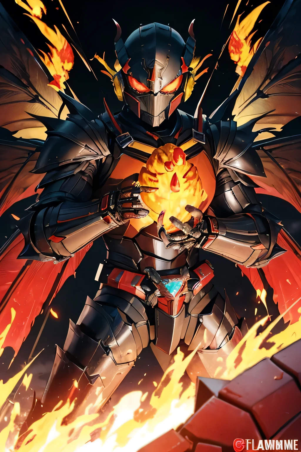 1 kamen rider, armor, mechanical, male, full armor, ((demonic wings)), ((holding flamberge:1.5)), superhero, muscular, heavy metal, mechanical marvel, guardian, ((black armor)), dark hero, anti hero, violent, bloody, absurdres, high resolution, ultrasharp, 8k, masterpiece