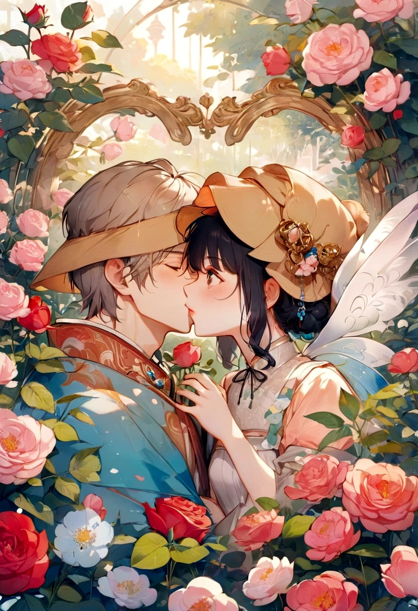 anime couple kissing in a garden of roses, alphonse mucha and rossdraws, guweiz, artwork in the style of guweiz, peasant boy and girl first kiss, a beautiful artwork illustration, kawacy, kissing together cutely, guweiz on pixiv artstation, lovely kiss, by Yang J, korean art nouveau anime