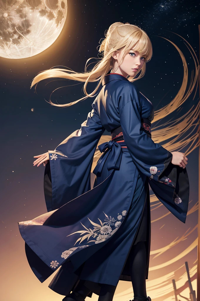 the character wears a traditional kimono, a full moon behind her, and her arms are out to her sides, 1girl, moon, solo, night, long hair, full moon, blue eyes, bamboo, looking at viewer, japanese clothes, blonde hair