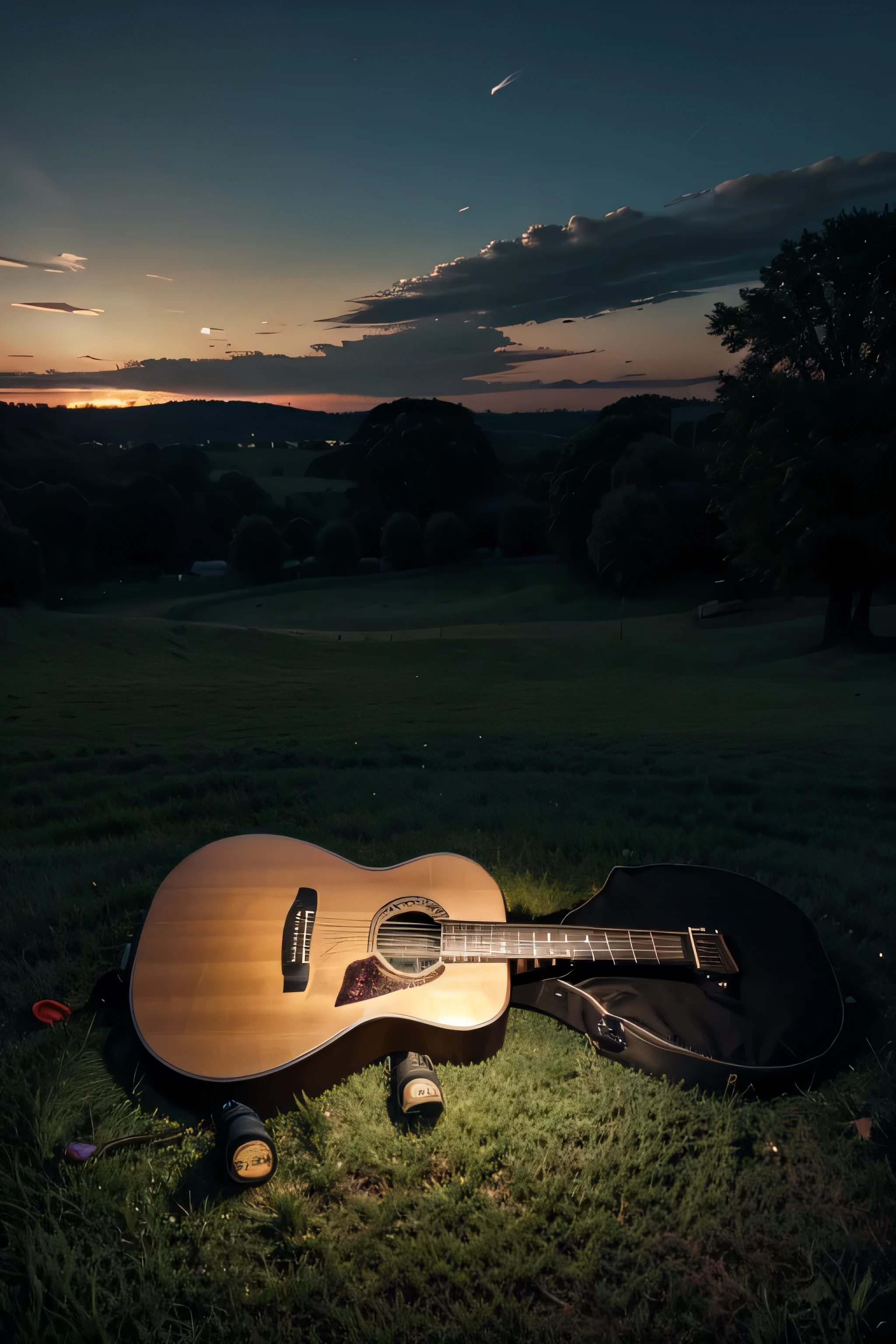 A picture of a guitar placed on green grass with a twilight sky behind it.