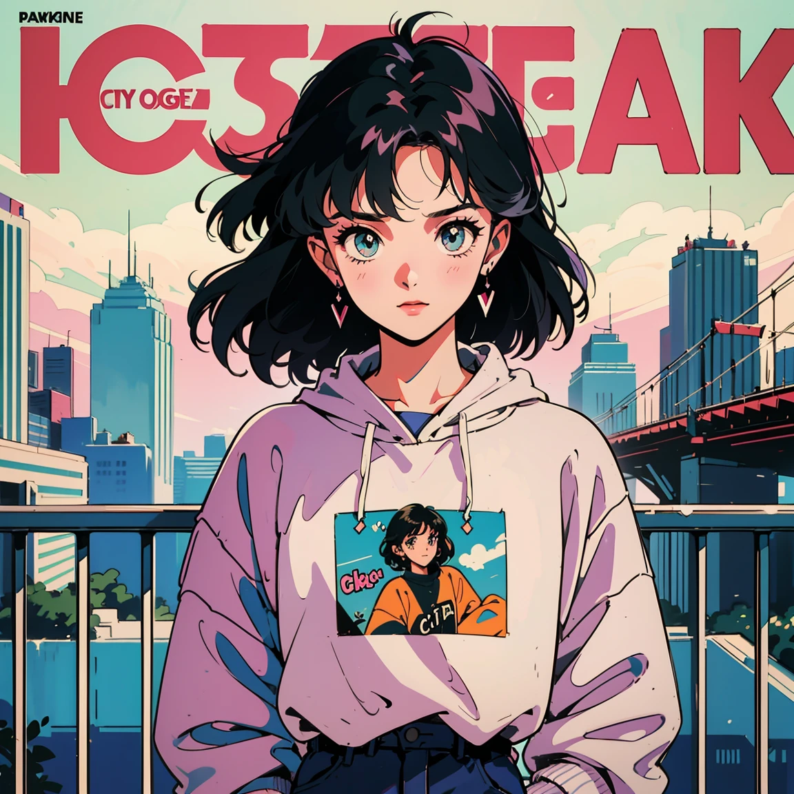 Best image quality, 1980s style animation, 21 year old girl, black hair, Permed hair, bright eyes,  Pretty Eyes, eye line, retro, With a baggy sweatshirt, magazine cover, whole body , city , evening in the park, posing, So sexy, so pretty. 짙은 eye line