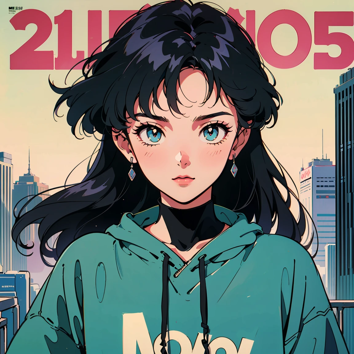 Best image quality, 1980s style animation, 21 year old girl, black hair, Permed hair, bright eyes, Pretty Eyes, eye line, retro, With a baggy sweatshirt, magazine cover, whole body , city , evening in the park, posing, So sexy, so pretty. 짙은 eye line