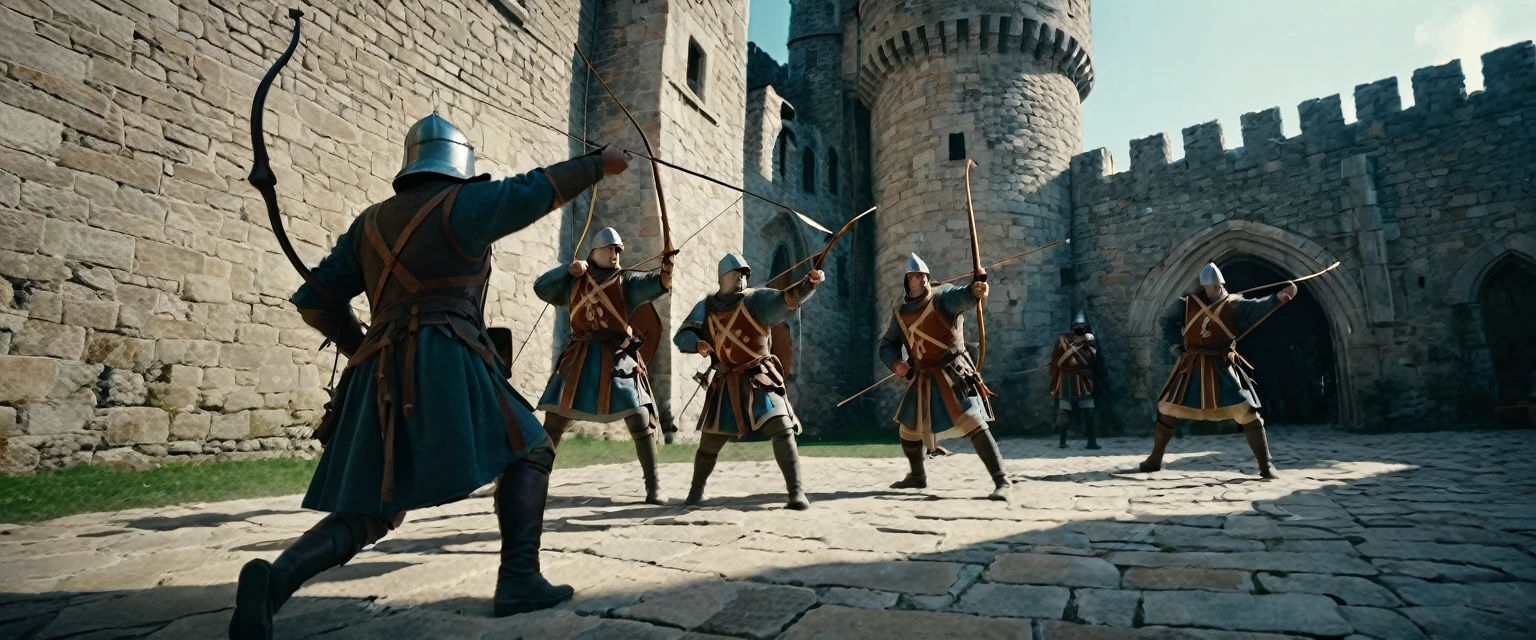 score_9, score_8_up, score_7_up, source_photo, photography, photorealistic, detailed, cinematic angle, rating safe, from below, Wide shot, Medieval soldiers on the stone floor firing their bows against enemy, medieval castle, masterpiece, best quality, 8k,